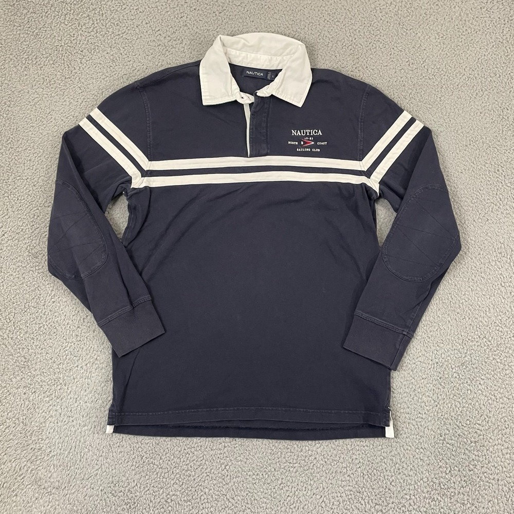 Nautica Rugby Shirt Men L Navy Sailing Club Long Sleeve Polo